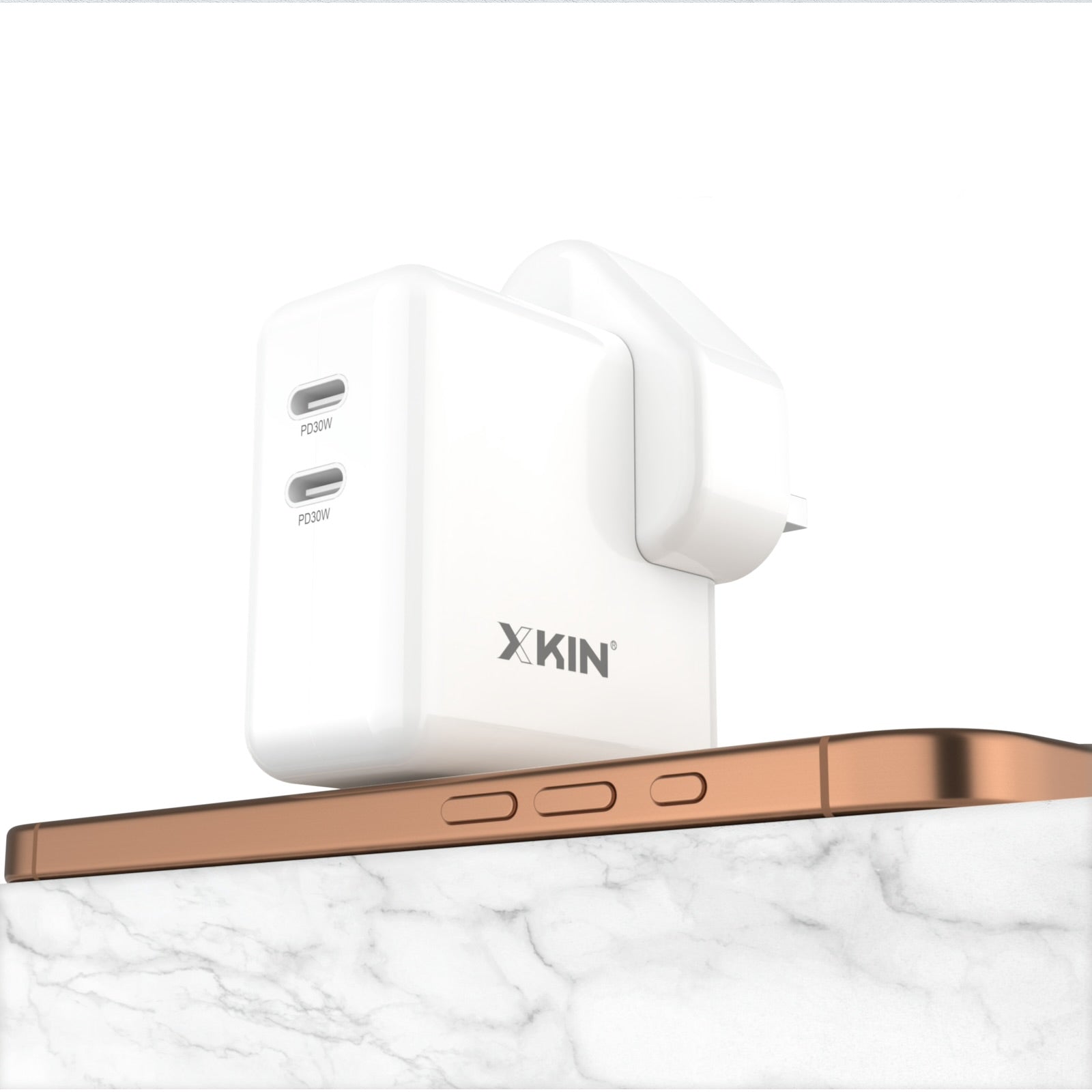 XKIN 60W Dual USB-C PD Fast Charger – Compact Wall Adapter with Dual 30W Output for iPhone, Android, MacBook & USB-C Devices