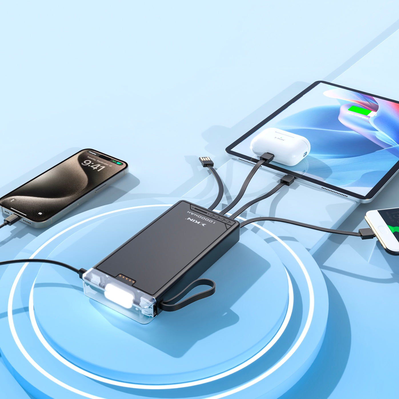 XKIN 4-in-1 10000mAh Power Bank with Built-In Cables & LED Flashlight