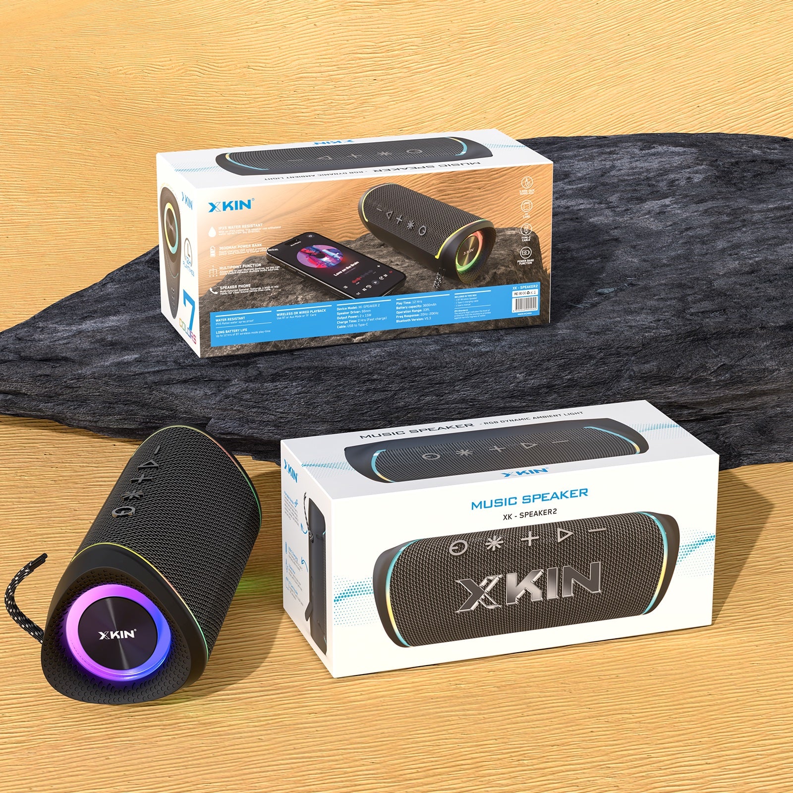 Portable Wireless Speaker – Water Resistant, 12H Playtime, RGB Lights