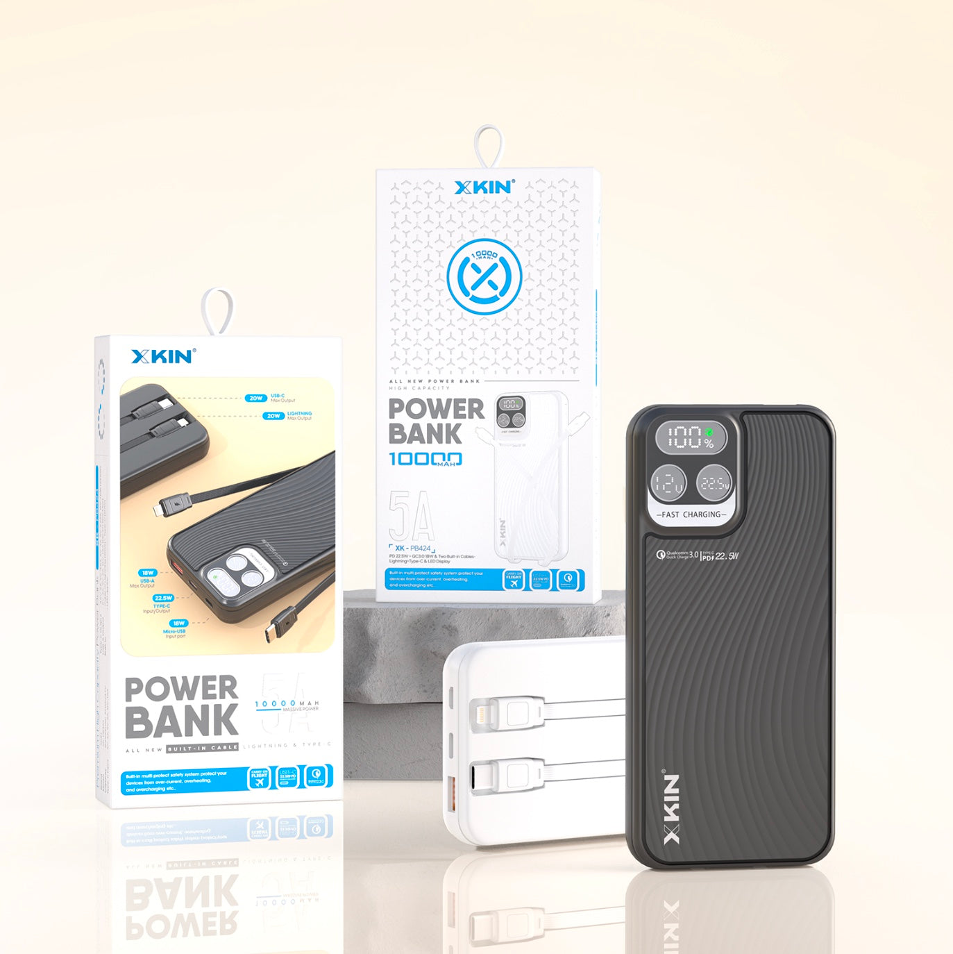 XKIN 10000mAh Power Bank – Built-In USB-C & 8-Pin Connector Cables + LED Display (PD20W)