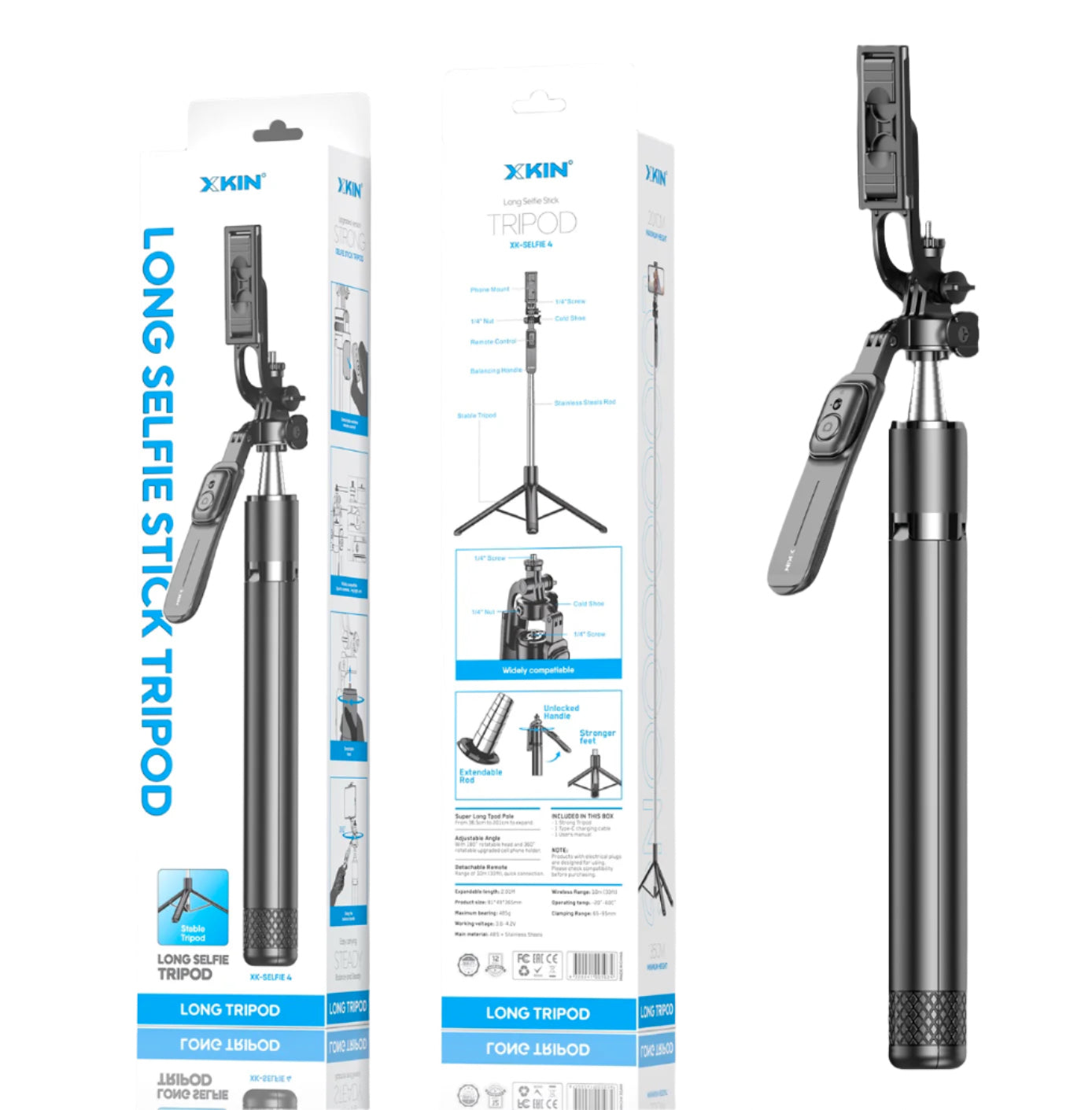 XKIN Long Adjustable Selfie Stick Tripod – 2.01M Extendable with 360° Holder & Wireless Remote