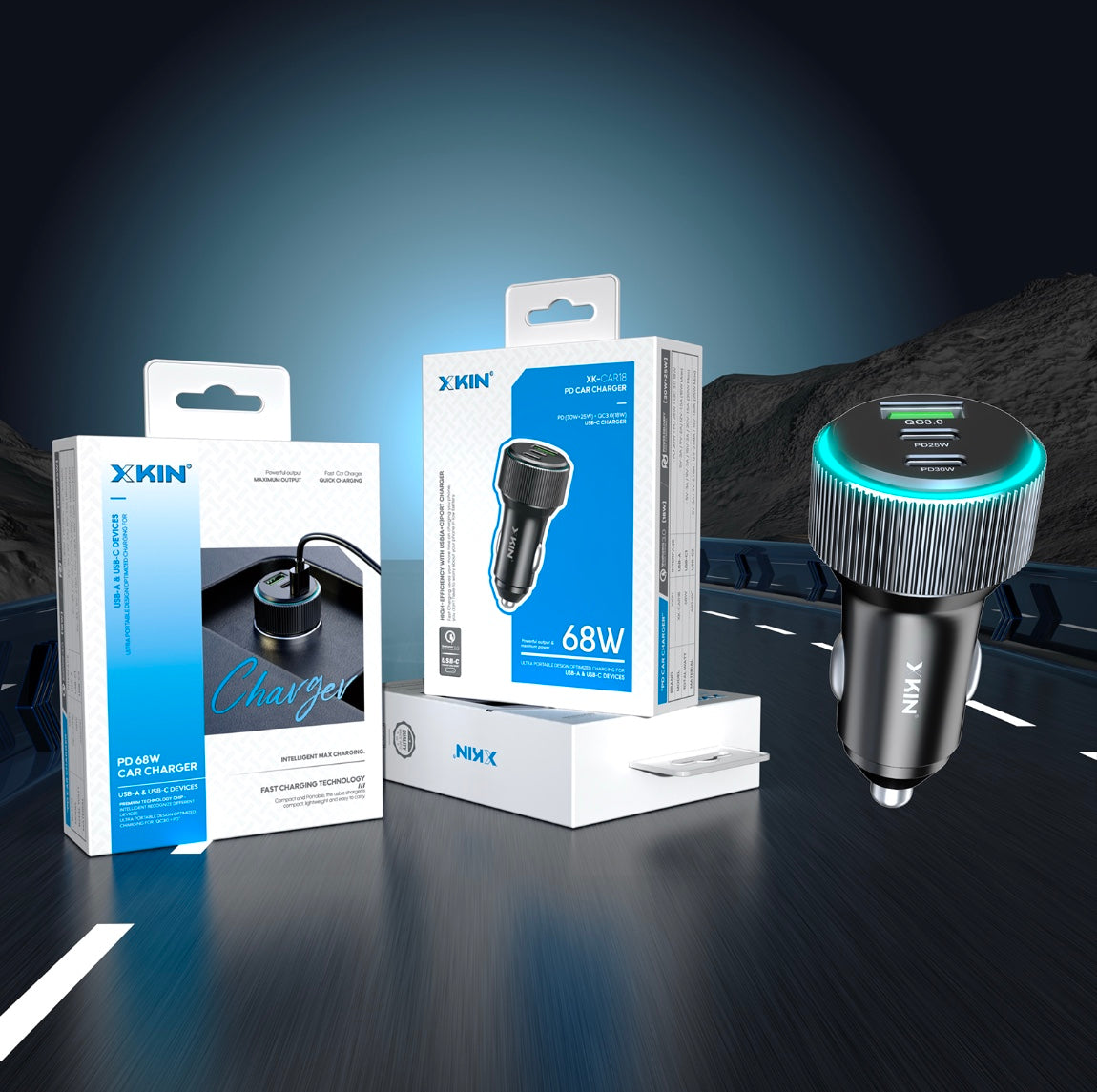 XKIN 68W Car Charger – USB-A + Dual USB-C Fast Charging for 3 Devices