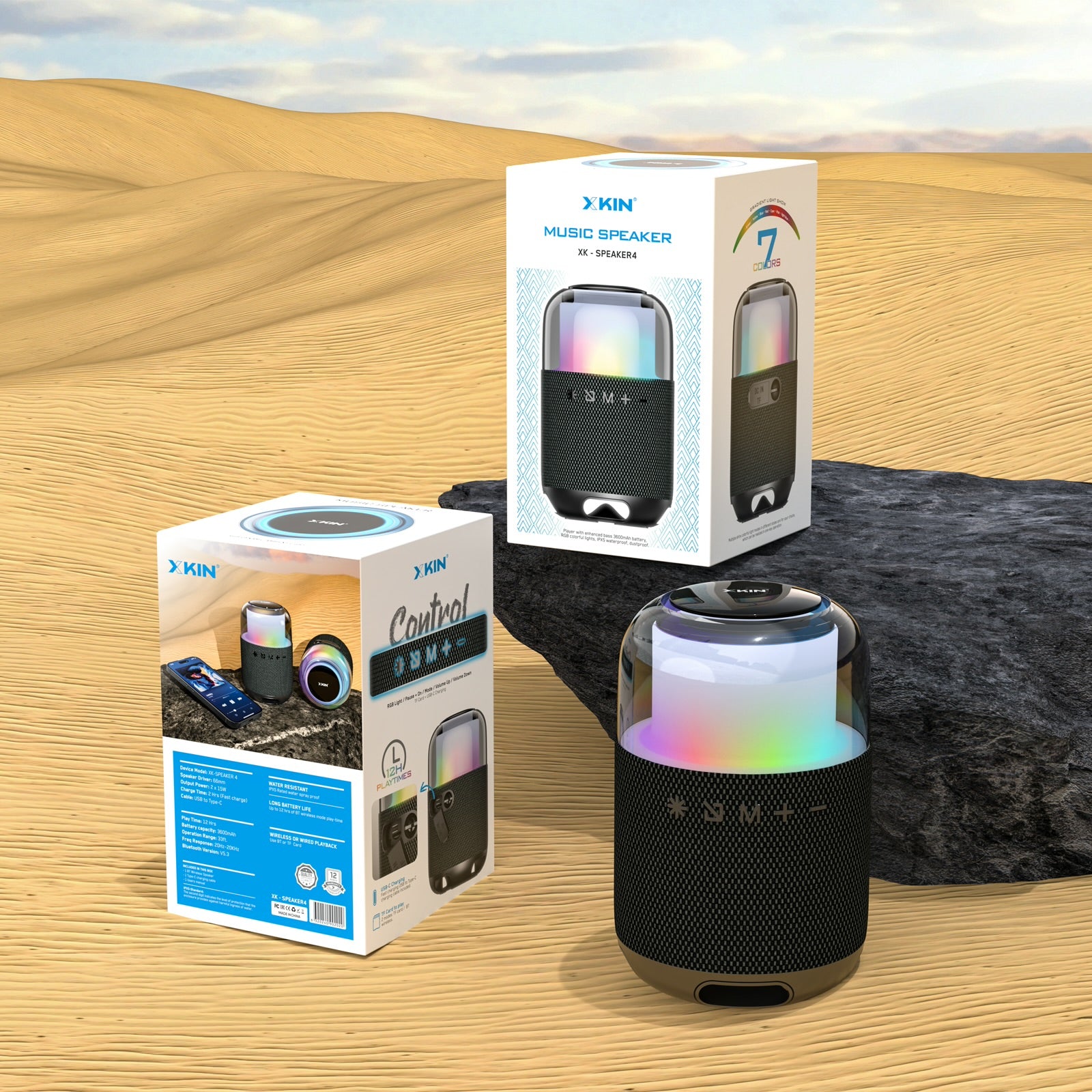 Portable Wireless Speaker with LED Lights, 12H Playback, IPX5 Waterproof