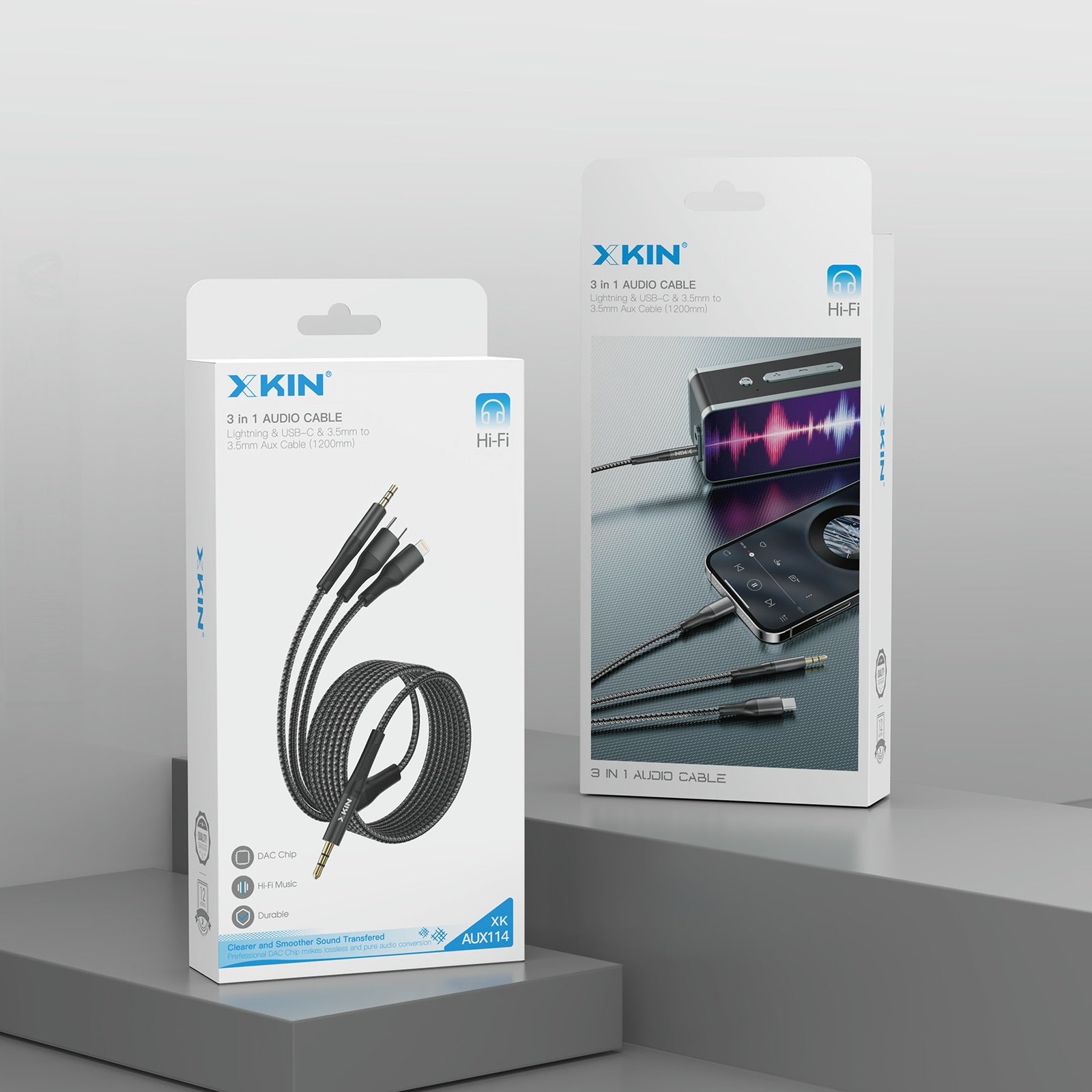 Xkin 3-in-1 Audio Cable – 8-Pin, USB-C & 3.5mm to 3.5mm Aux Multi-Device Connector