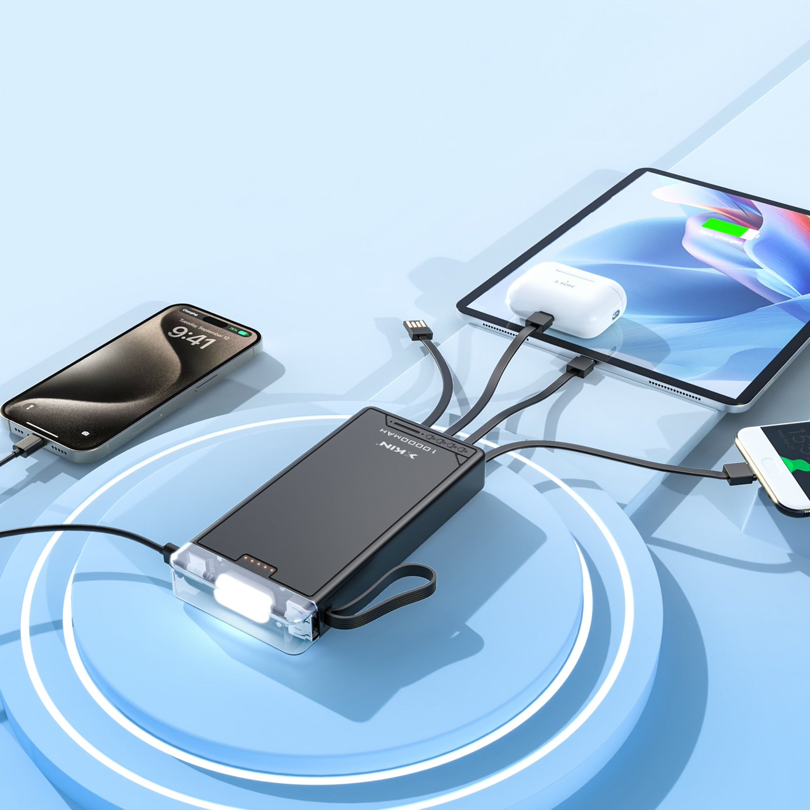 Xkin 10000mAh Power Bank with Built-in Cables | LED Flashlight