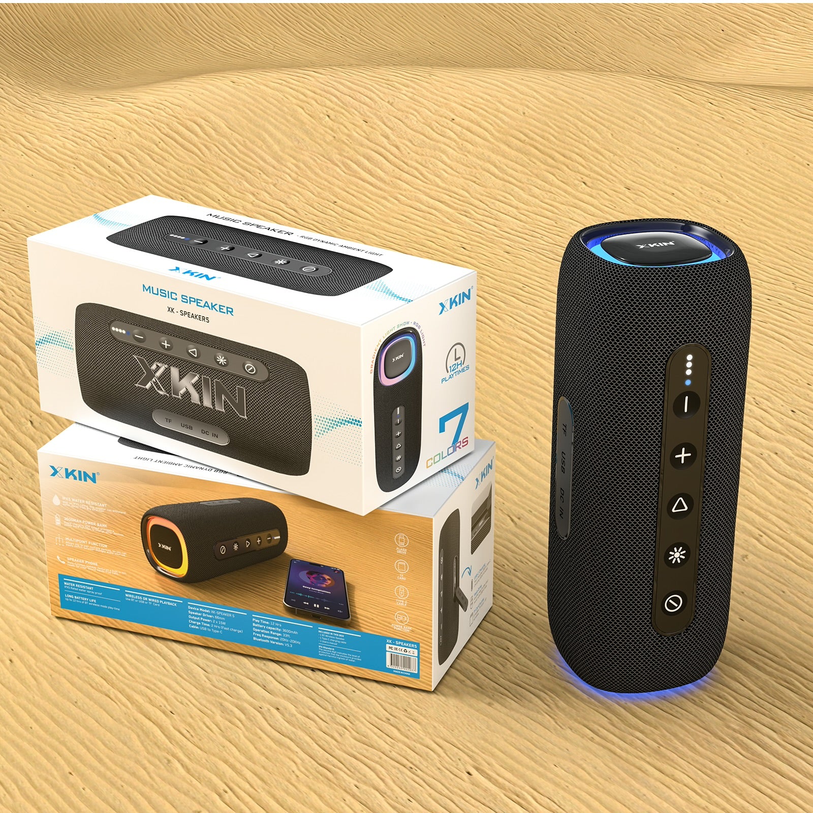 Portable Wireless Music Speaker with RGB Drivers, IPX5 Waterproof, 15H Playback
