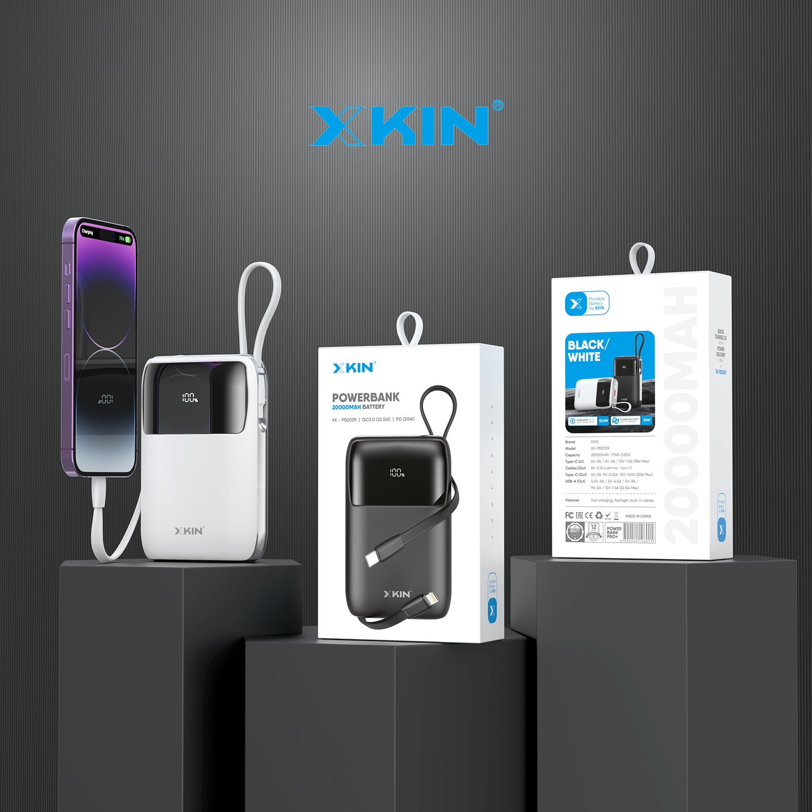 Xkin Ultra Fast 20000mAh Power Bank | Built-in Cables