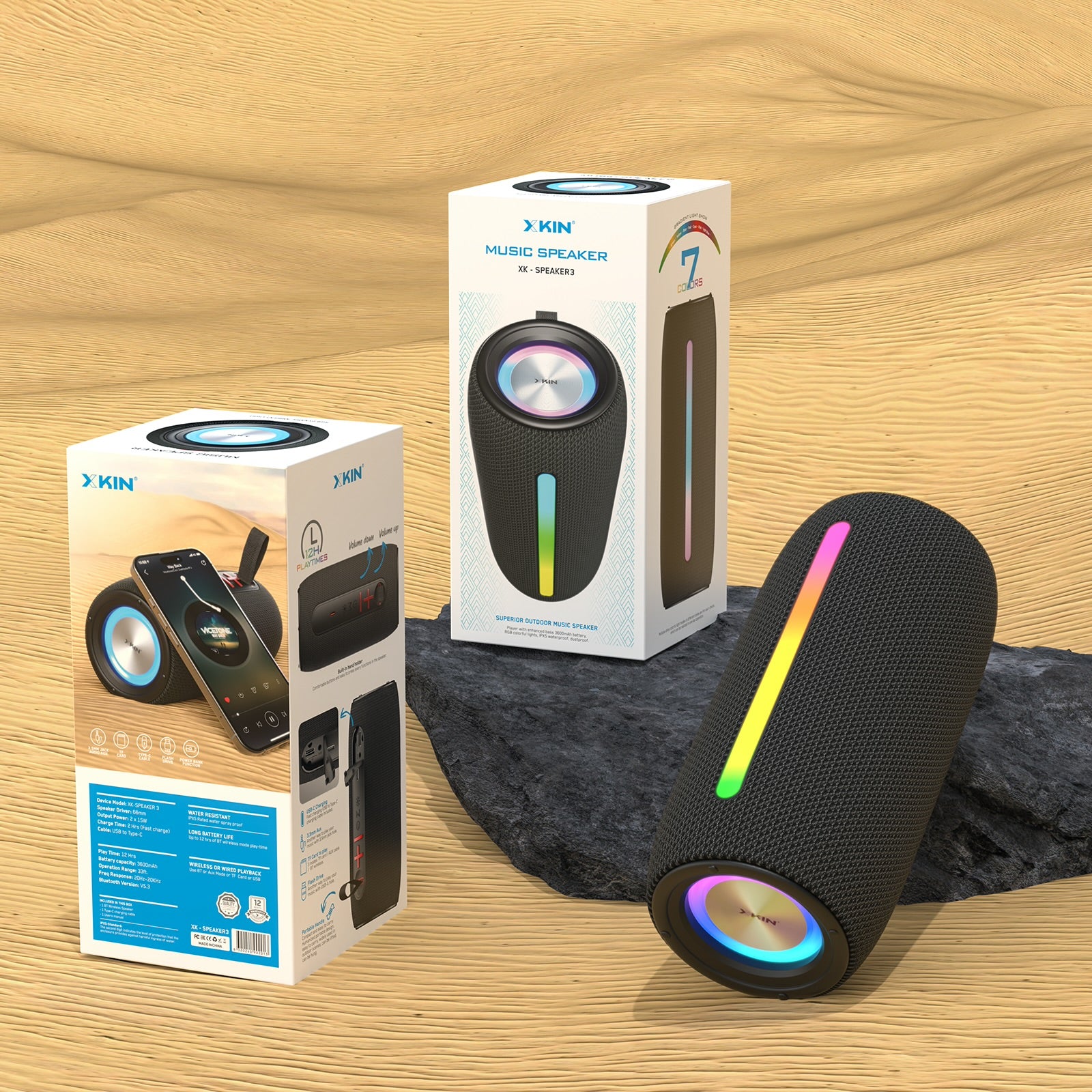 Portable Wireless Speaker with RGB Lights, IPX5 Waterproof, 12H Battery