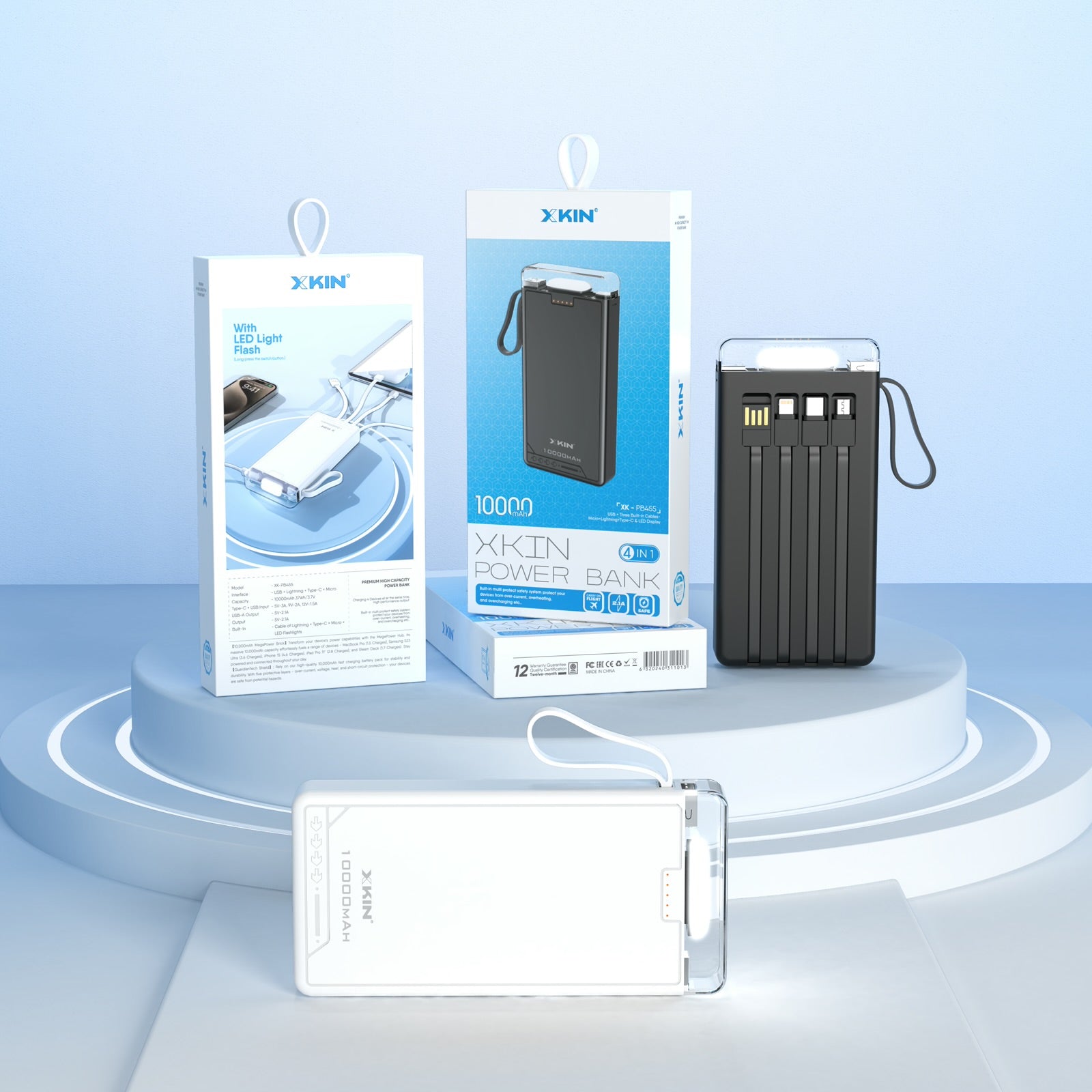 Xkin 10000mAh Power Bank with Built-in Cables | LED Flashlight