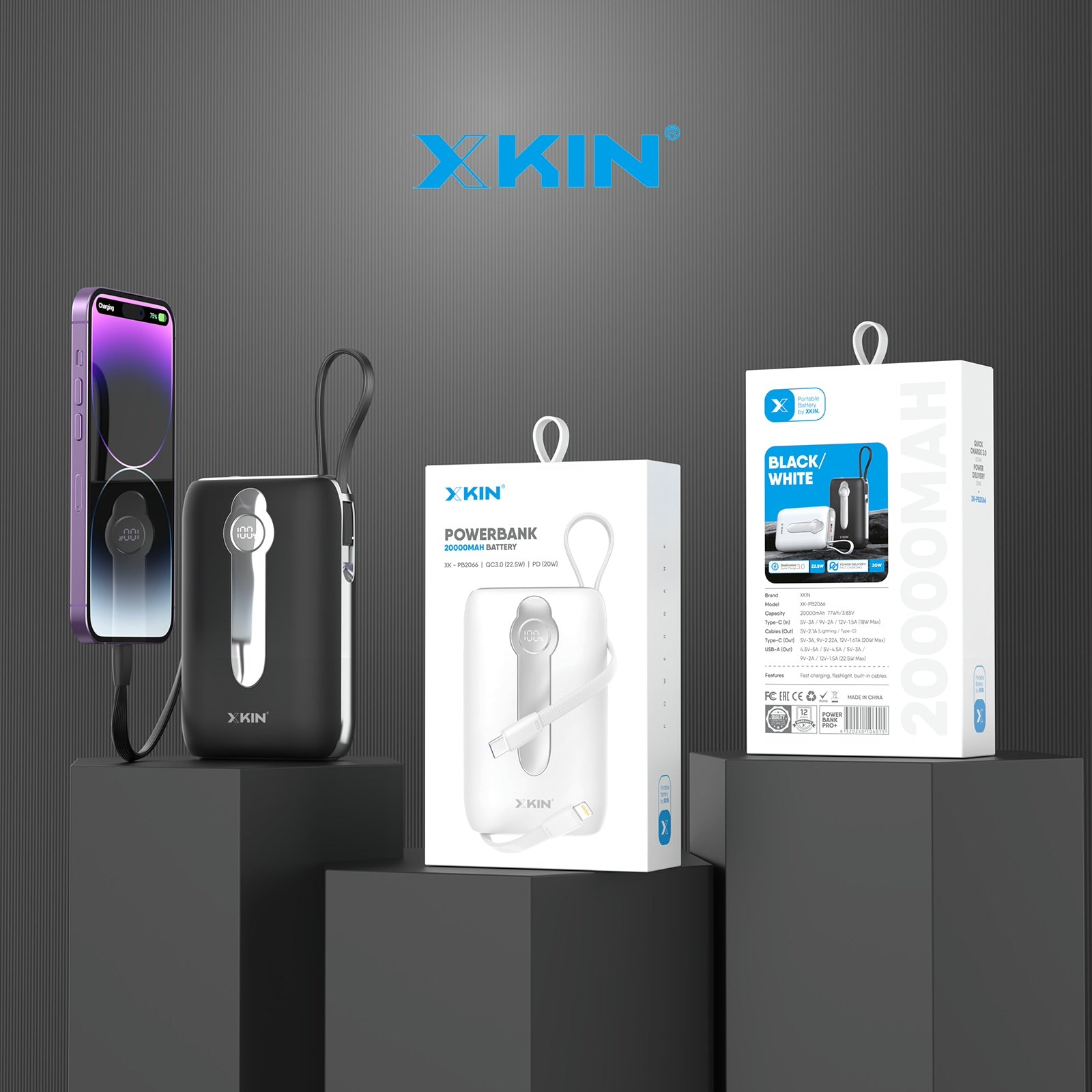 Xkin 20000mAh Power Bank with Built-in Cables | Fast Charging