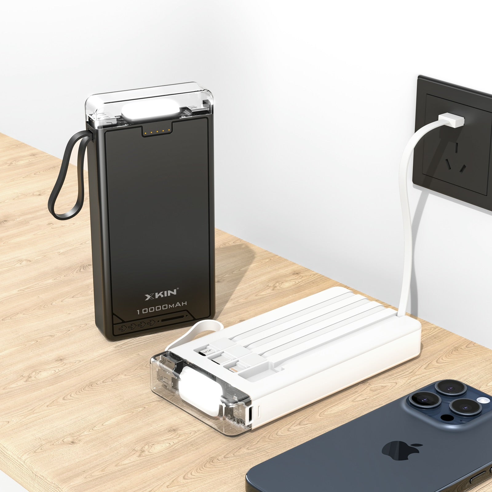 Xkin 10000mAh Power Bank with Built-in Cables | LED Flashlight