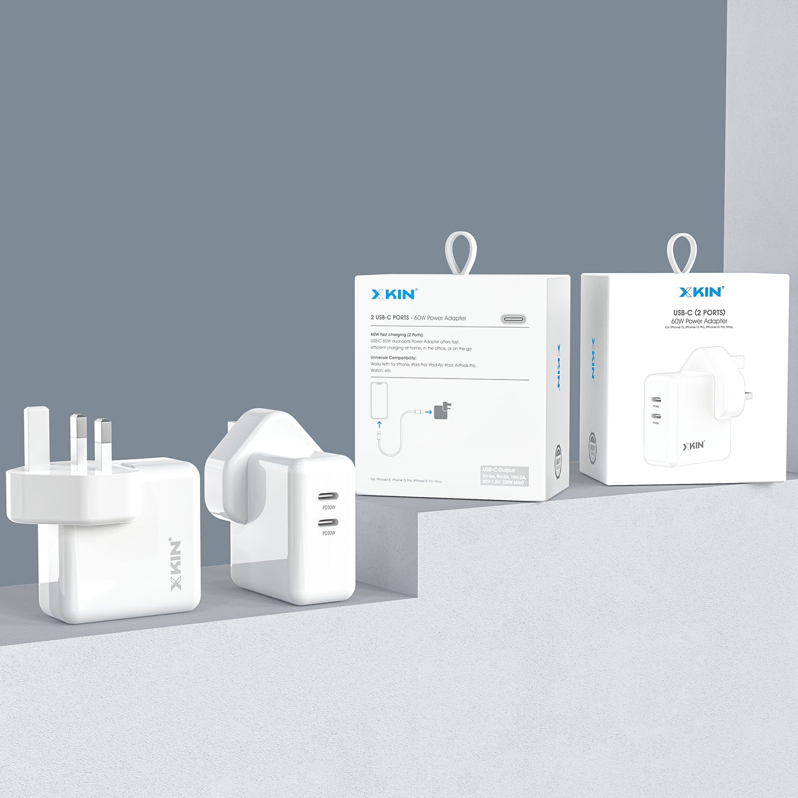 Xkin 60W Power Adapter – Dual USB-C PD Fast Wall Charger for Tablets & Phones