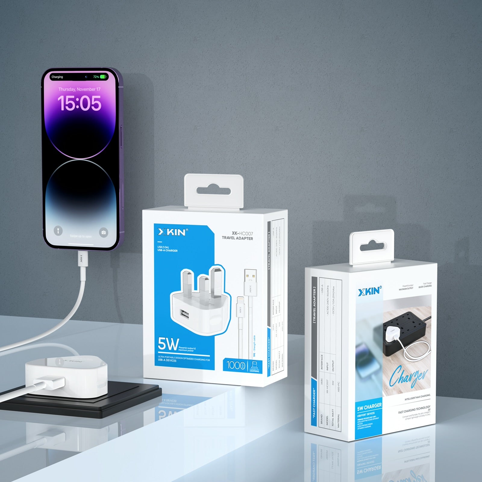 Xkin 5W Power Adapter with 8-Pin Cable – Compact USB Wall Charger