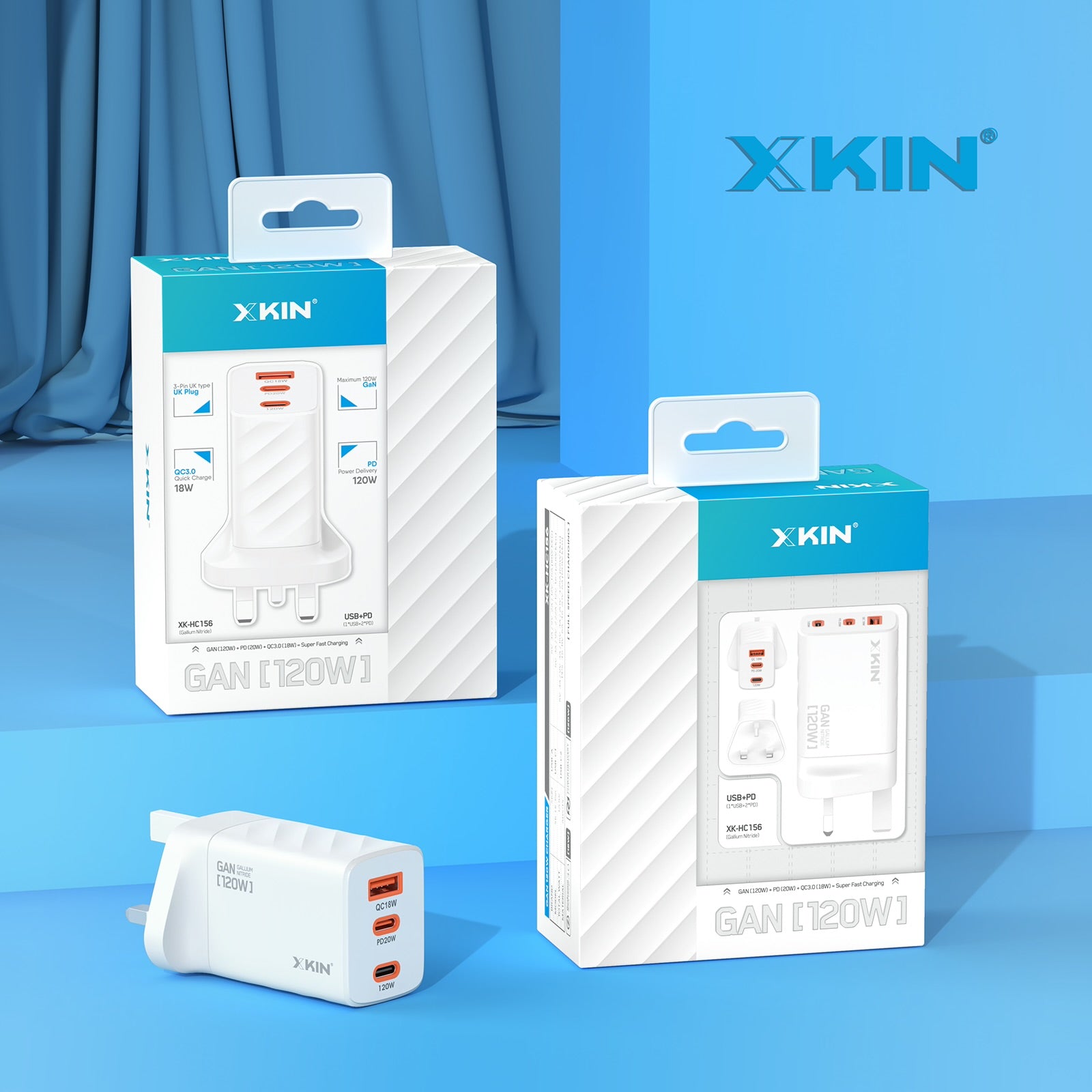 Xkin 120W Power Adapter – Triple Port Fast Charger (USB-A 18W + USB-C 20W + USB-C 65W/120W PD)