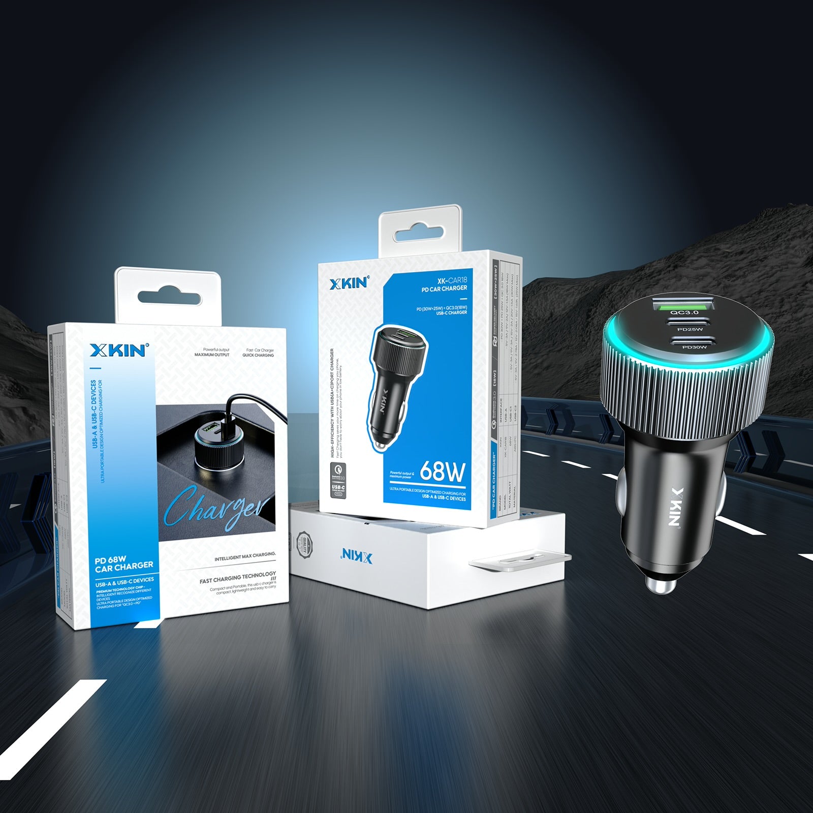 Xkin 68W Triple Port Car Charger – Dual USB-C PD + USB-A QC Fast Charging Adapter