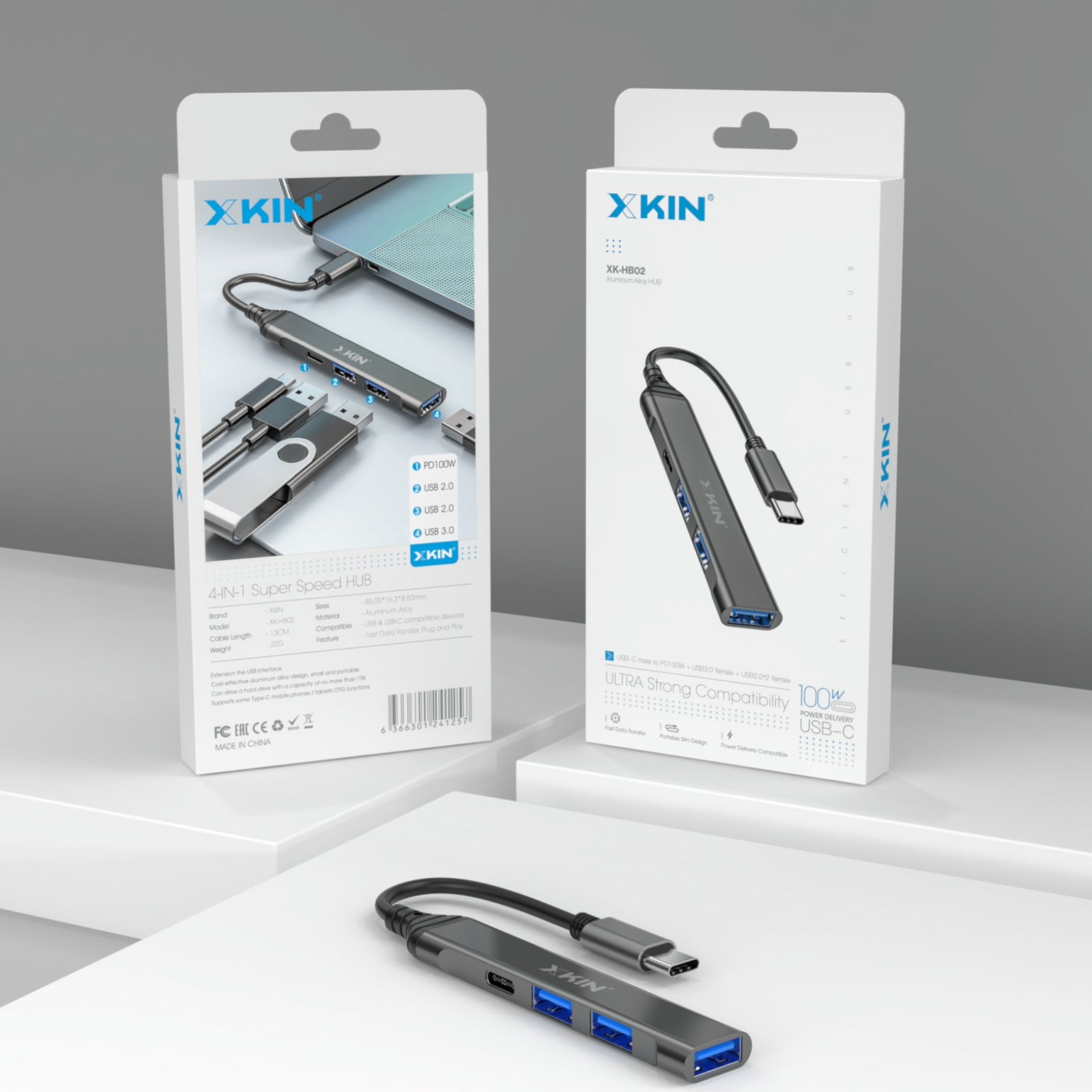 Xkin USB-C Hub – 4-in-1 Multiport Adapter with 3×USB-A & 1×USB-C Port