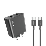 Xkin 53W Dual Port Charger with USB-C to USB-C Cable – 35W USB-C PD + 18W USB-A QC Fast Adapter