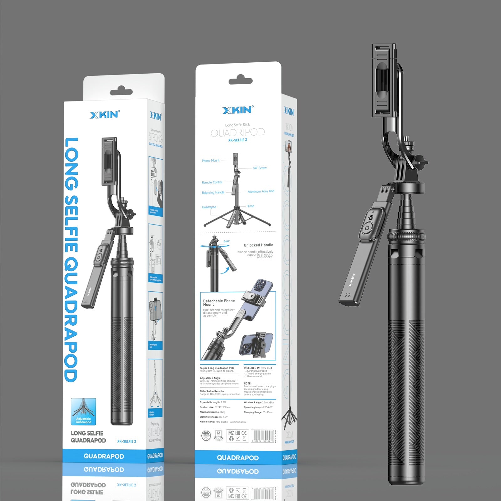 Xkin Long Selfie Quadrapod with Remote – Extendable Selfie Stick Tripod 4-in-1