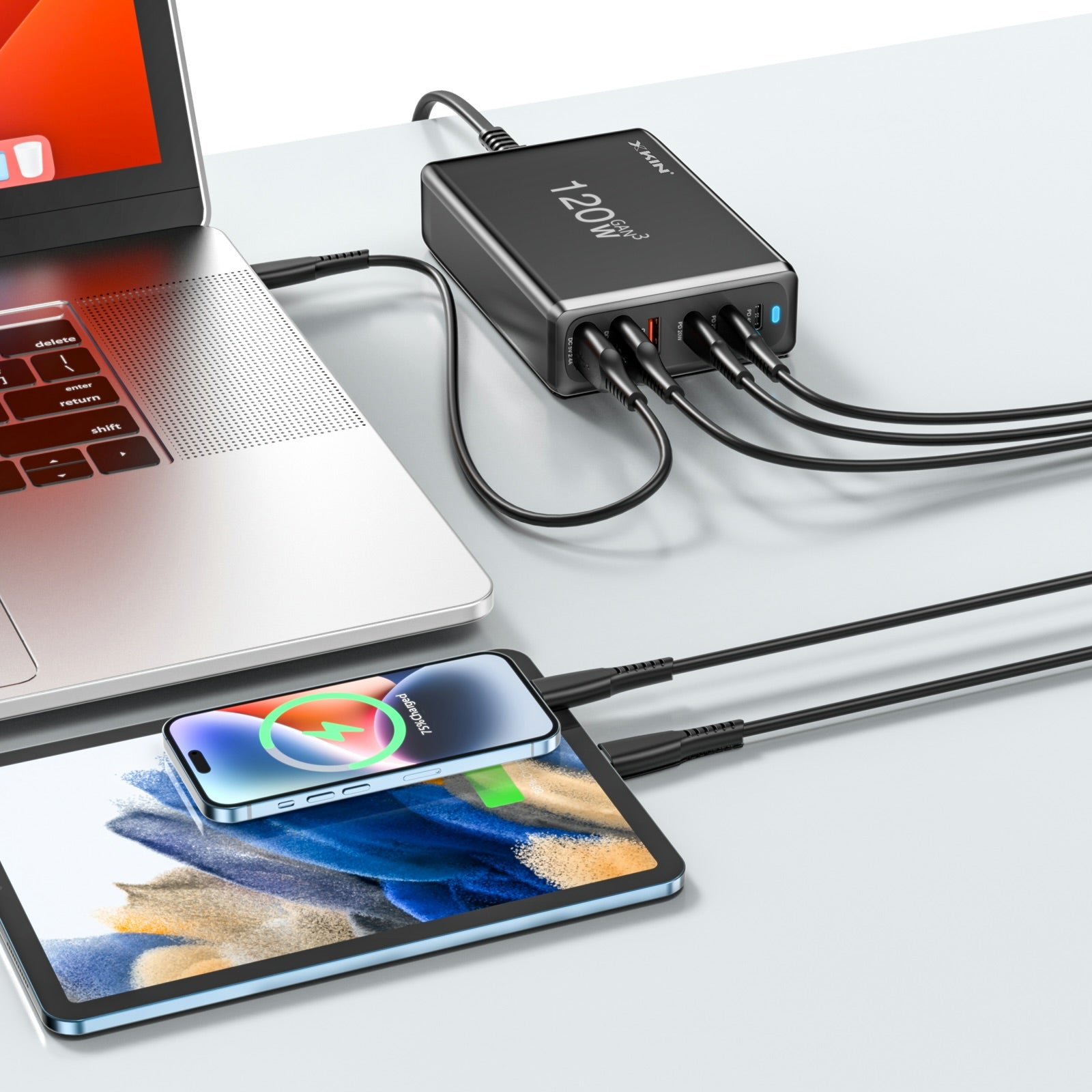 Xkin 120W Desktop Charging Station – 6-Port USB-C & USB-A Fast Multi-Device Hub