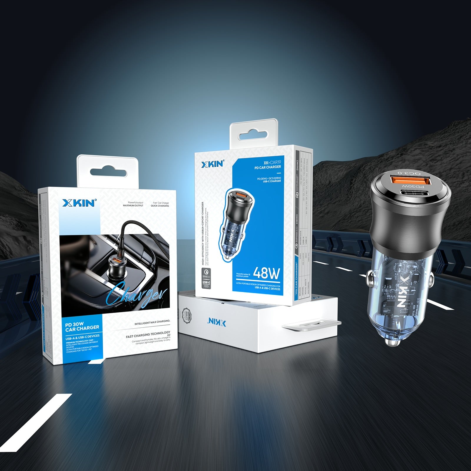 Xkin 48W Dual Port Car Charger – USB-C PD + USB-A QC 3.0 Fast Adapter