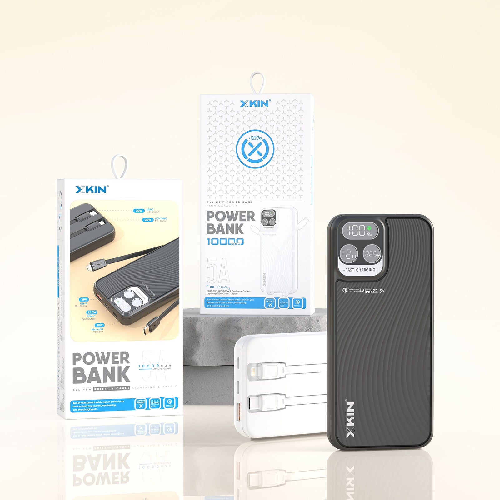 Xkin 10000mAh Power Bank with Built-in Cables | LED Digital Display