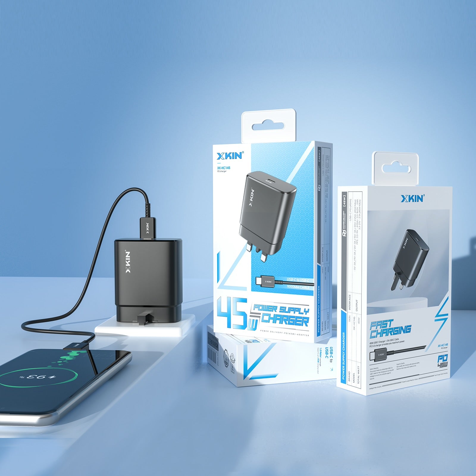 Xkin 45W USB-C Charger with Cable – Fast PD Wall Adapter for Laptops, Tablets & Phones