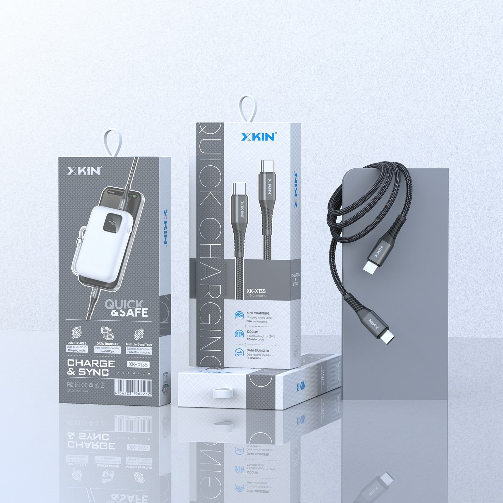 Xkin USB-C to USB-C 60W Cable – Fast Charging & High-Speed Data Sync Durable Cord
