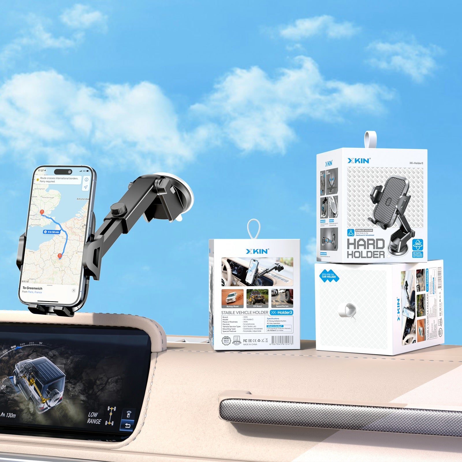 Xkin Car Phone Suction Holder – 360° Adjustable Dashboard & Windshield Mount