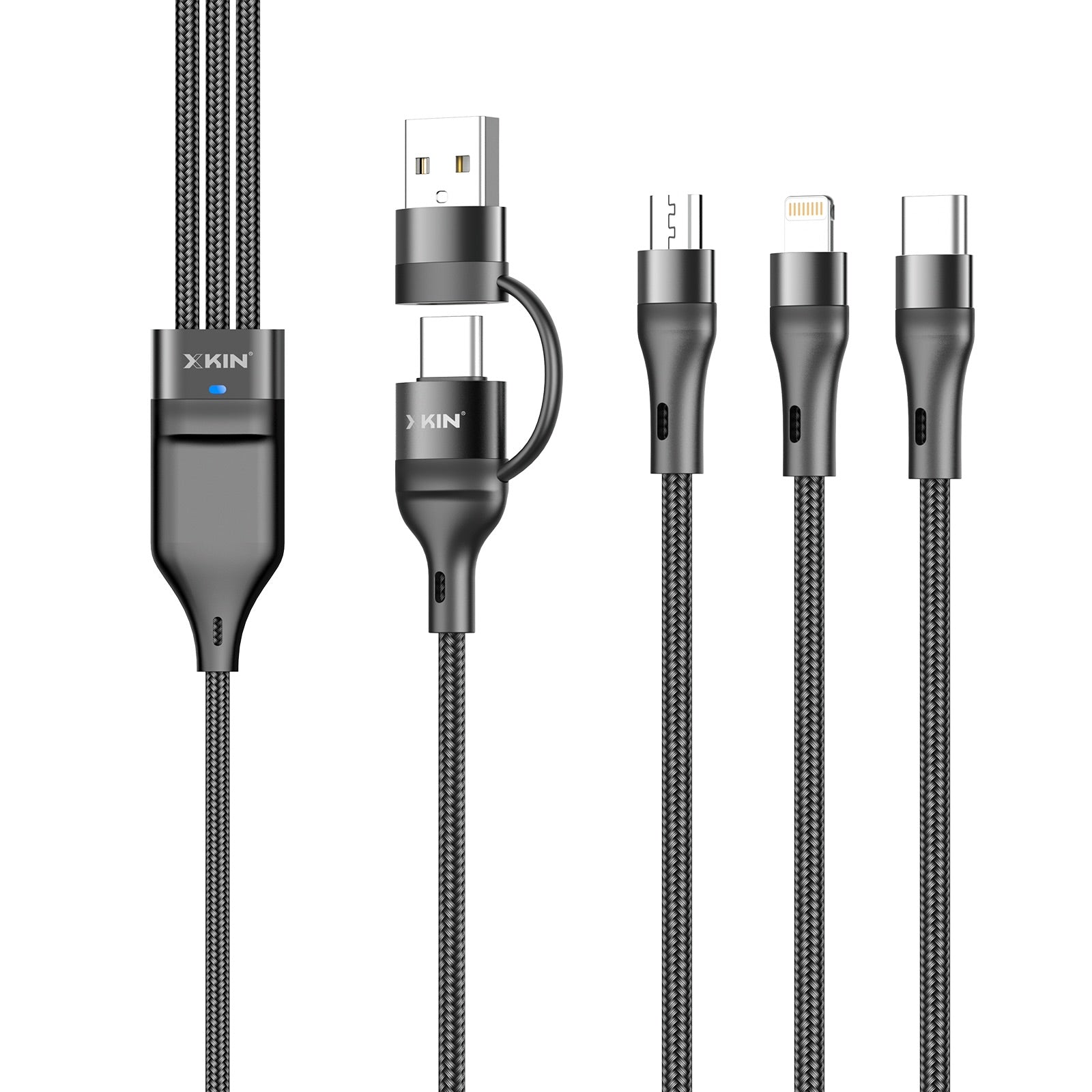 Xkin USB A/C to 8-Pin, Micro USB & Type-C 3-in-1 Cable – Multi Charging Fast Sync Durable Cord