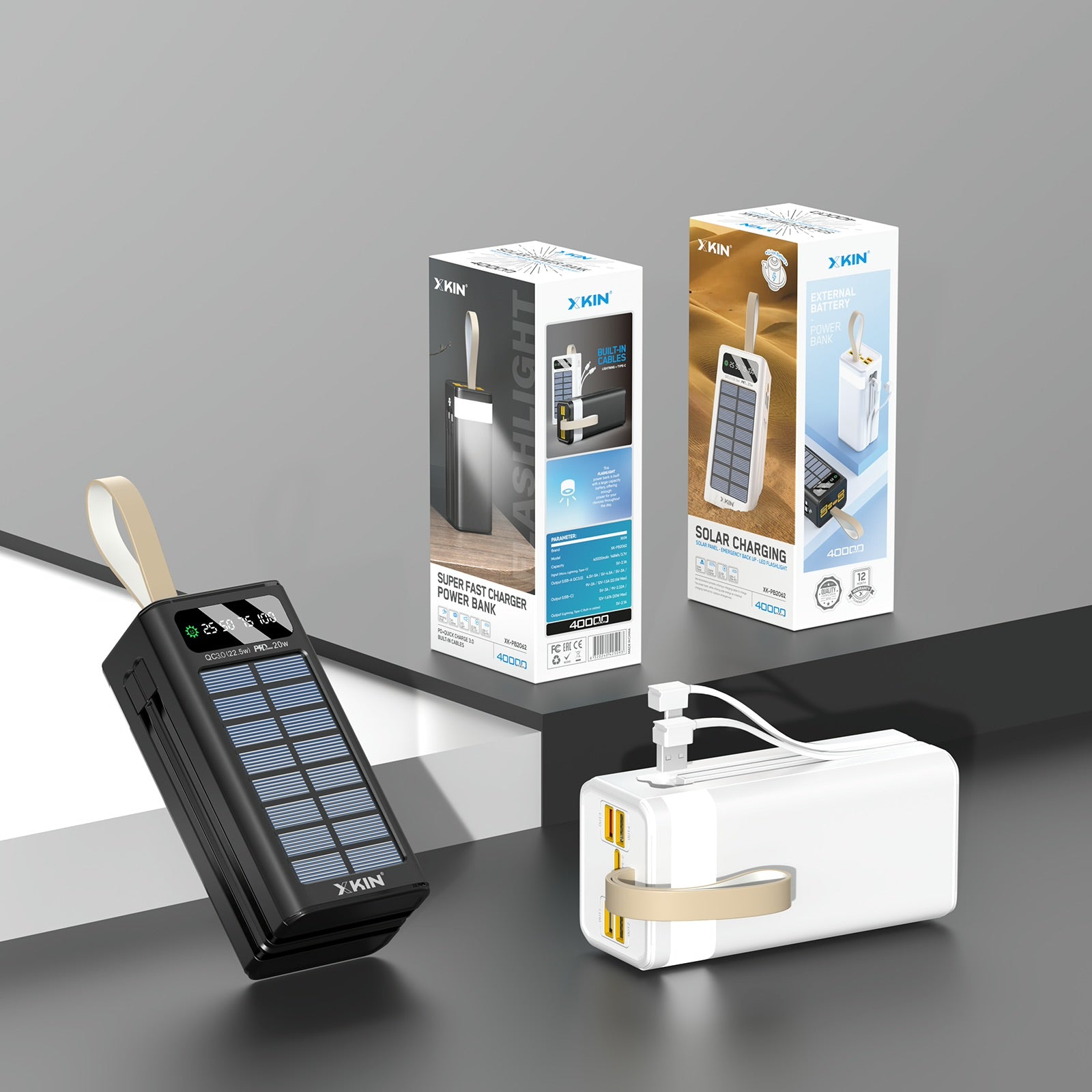 Xkin 40000mAh Super Fast 45W Power Bank with Built-in Cables | LED Light