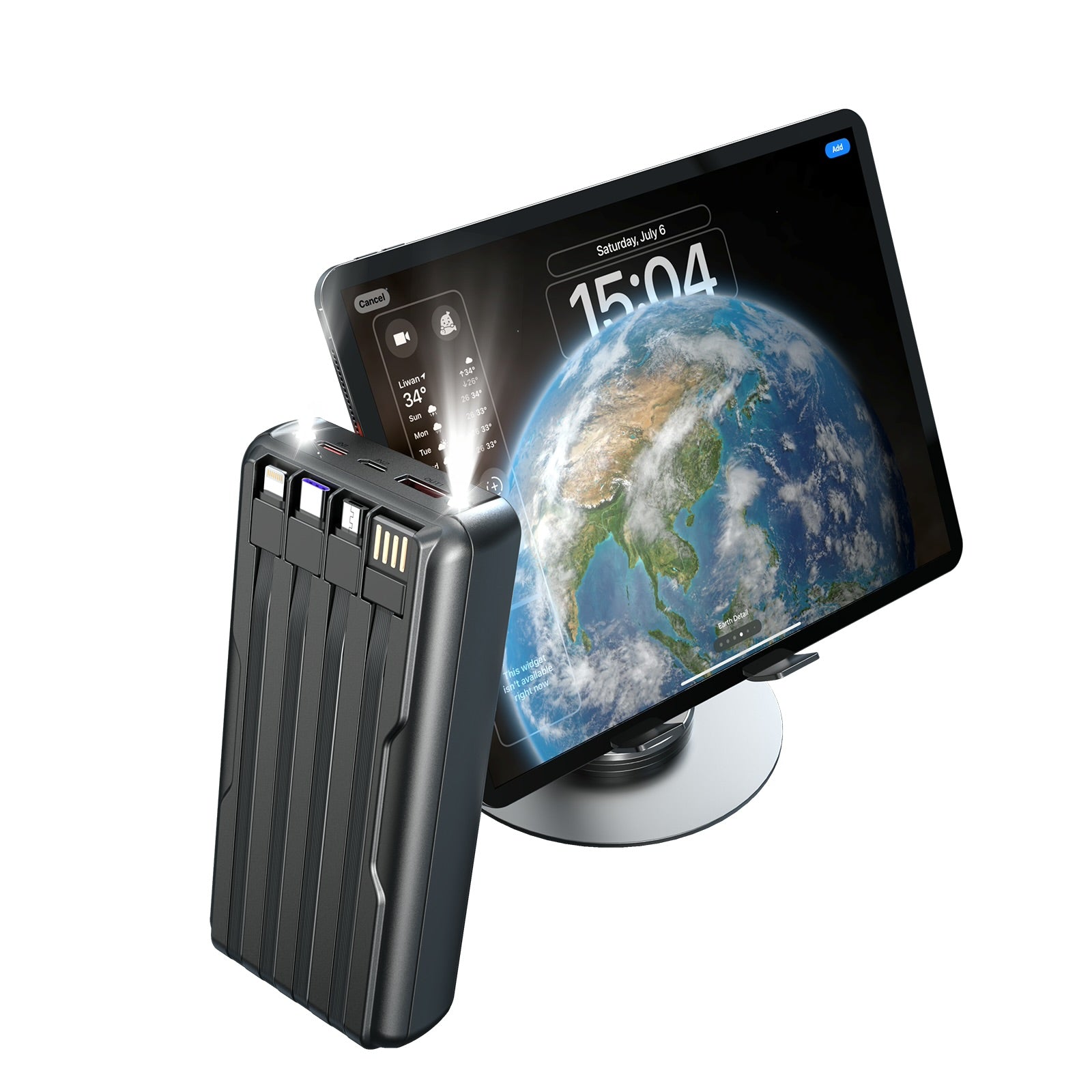 Xkin 20000mAh Power Bank – Built-in USB, 8-Pin, USB-C & Micro USB Cables with Flashlight