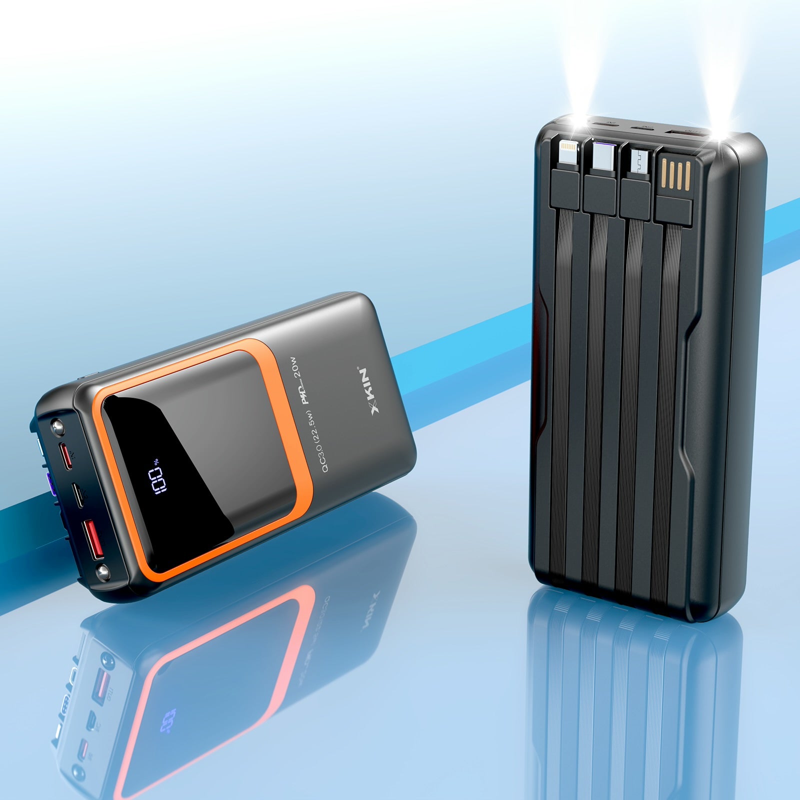 Xkin 20000mAh Power Bank – Built-in USB, 8-Pin, USB-C & Micro USB Cables with Flashlight