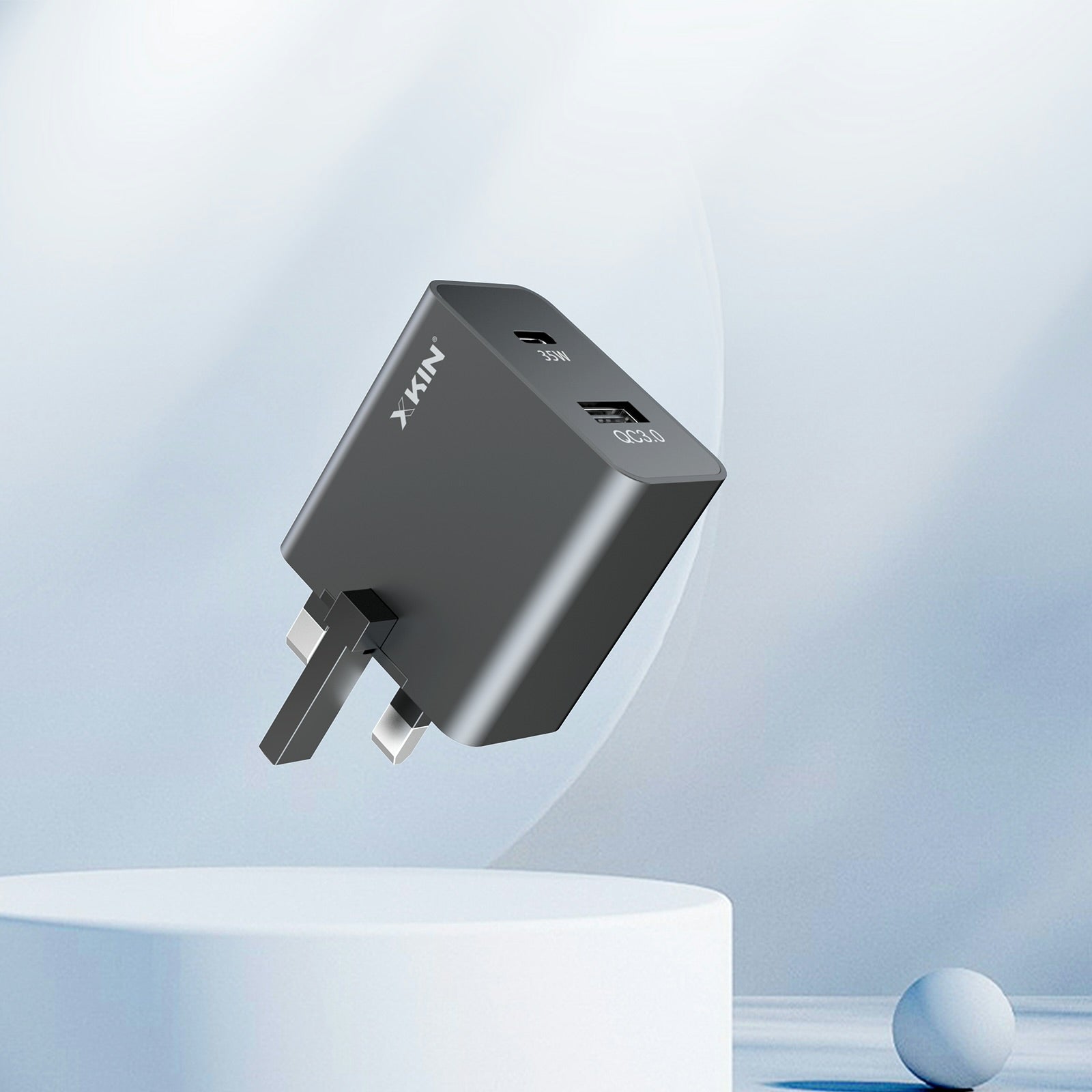 Xkin 53W Dual Port Charger with USB-C to USB-C Cable – 35W USB-C PD + 18W USB-A QC Fast Adapter